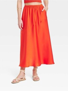 Women’s Orange Red Midi Skirt - Lightweight A-Line